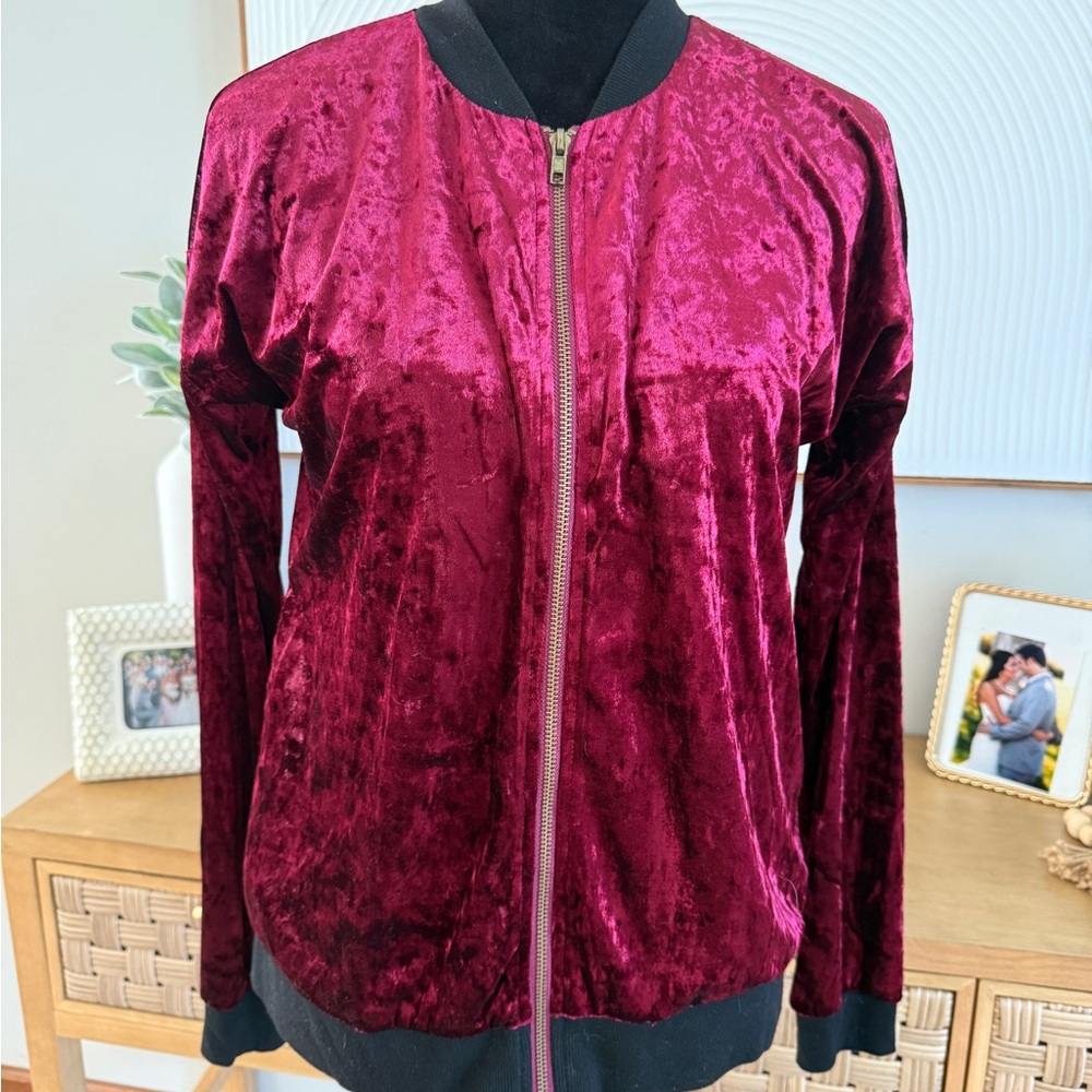 Plush Retro Velvet Bomber Jacket in Deep Burgundy Streetwear Whimsigoth Size L